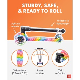 BOLDCUBE Big Fold | Three Wheel Scooter for Children Ages 5-10 Years | LED Wheels with Flashing Lights | Height Adjustable 65 to 89 cm | Rear Reflectors