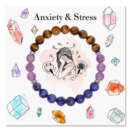 Natürlicher Kristall Heilsteine Armband Perlenarmband Damen Herren 8mm Natürliche Edelstein Armband Crystal Heilsteine Stretch Armband mit Heilkarte Anxiety & Stress Glücksbringer Schmuck Geschenk