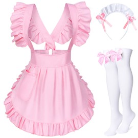 Adjustable Retro Ruffle Maid Costume Apron Pockets With French headdress Socks set(Style1 Pink)