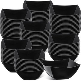 Sliner 100 Pcs Square Plastic Bowls 8 oz Plastic Serving Bowls Disposable Chip Containers for Parties Snack Fruit Candy Containers for Candy Buffet Salad Bar Buffet Party Supplies(Black)