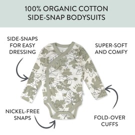 HonestBaby 3-Pack Long Sleeve Side-Snap Kimono Bodysuits Organic Cotton for Infant Baby Boys, Girls, Unisex, Paw Leaves,0-3 Months