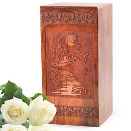 Fishing Boat Wooden Remembrance Urn - Small Ashes Holder - Decorative Resting Jar 5inch, Clear Brown Urn for Human Ashes Adult Male/Female