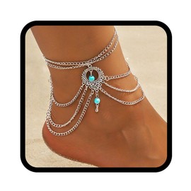 Handcess Boho Anklet Multilayer Silver Turquoise Beads Foot Jewelry Barefoot Sandal Beach Foot Jewelry for Women and Girls
