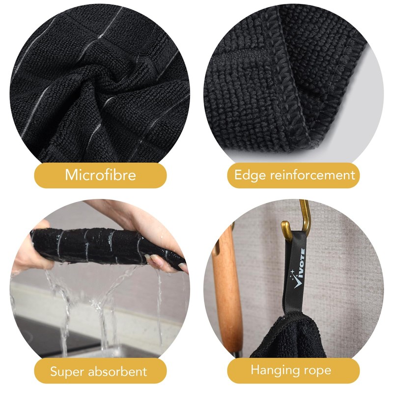 VIVOTE Microfibre Cloth Black Dish Cloths for Washing Up Cleaning