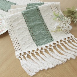 FEXIA Sage Green Table Runner 36 Inches Long Boho Macrame Table Runner for Home Decor Farmhouse Style Table Runner with Tassels for Party Bohemian Rustic Bridal Shower Dining Decor (12x36 Inches)