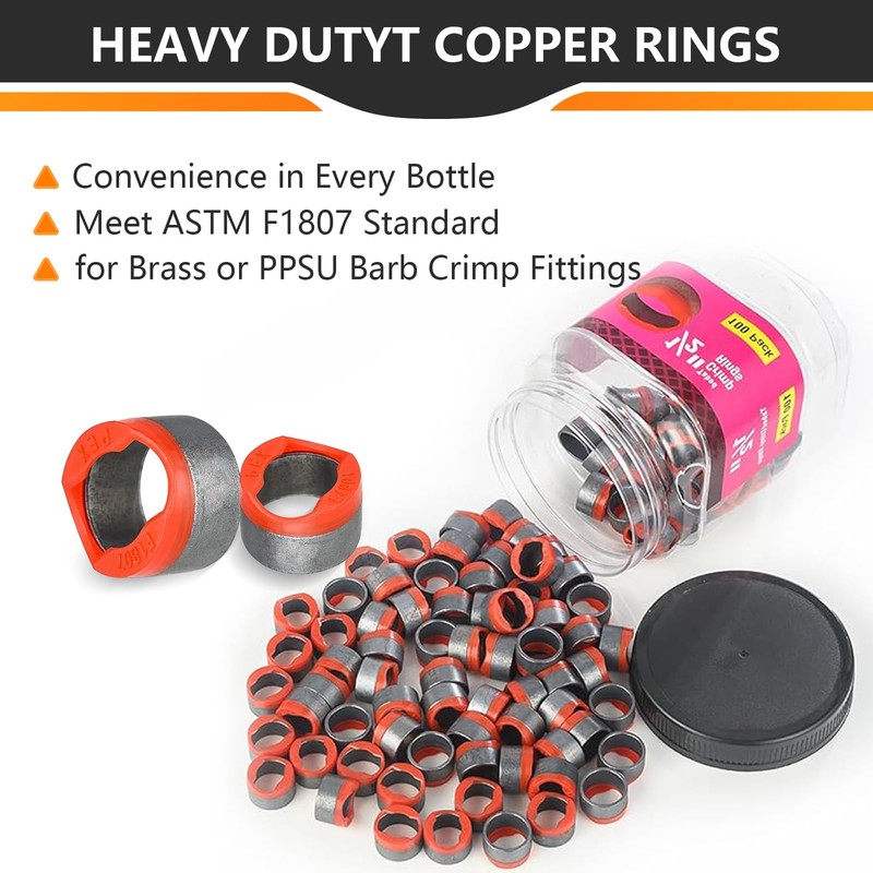 100 Pieces HeSun 1/2-Inch Bottled PEX Copper Ring With End