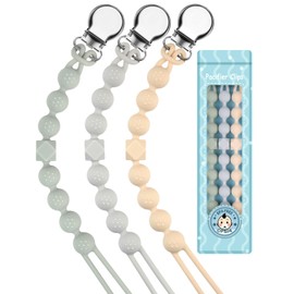 Yolnkos Schnullerkette Junge mädchen Silikon Schnuller Clips Dummy Halter Schnullerband Beißring Schnullerketten für Baby Einteiliges Design(Beige,Grau)