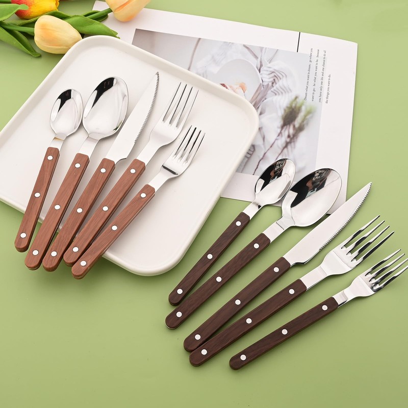 20 Pieces Forged Silverware Set for 4, Stainless Steel Wooden