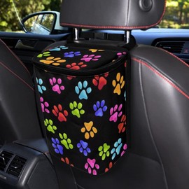 Annejudy Rainbow Dog Paw Print Car Trash Can Automotive Car Trash Bag with Lid Collapsible Waterproof Car Organizers and Storage Car Accessories for Women