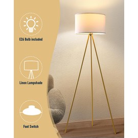 YORKCARE Tripod Floor Lamp, Gold Modern Mid Century Standing Lamp Tripod Floor Lamps with Flaxen Drum Shade, Foot Switch for Living Room, Bedroom, Office, Includes E26 LED Bulb
