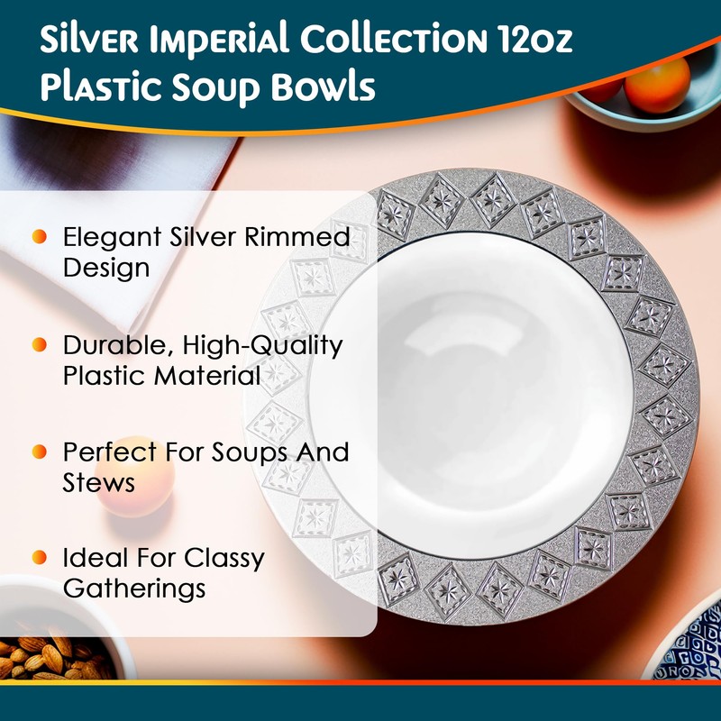 DecorLine Stunning White & Silver "Imperial" Soup Bowls - 12