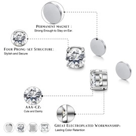 Jstyle 4 Pairs Stainless Steel Magnetic Stud Earrings for Men Women Silver Tone CZ Non-Piercing Clip On Stud Earrings Set 6-8MM