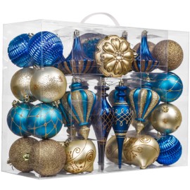 Valery Madelyn 60ct Trendy Blue Gold Christmas Ball Ornaments Decor, Shatterproof Christmas Tree Ornaments for Xmas Decoration