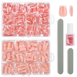 480Pcs French False Nails Short, Square Press On Nails Kit, Fake Nails with White Tip, Full Cover Acrylic Nail Tips Stick on Nail for Women Girls Manicure Decorations- Pink&Nude