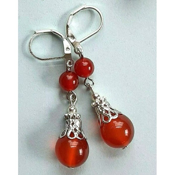 Handmade double CARNELIAN dangle earring SP LEVERBACK artisan