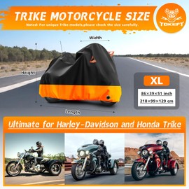 Tokept Trike Motorcycle Cover, Outdoor Waterproof Vehicle Cover with Windproof Buckle Reflective Strip for Harley Davidson, Honda Gold Wing, Kawasaki 3 Wheel Motorcycle Accessories (Black&Orange)