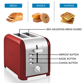 Koolatron Kenmore 2-Slice Toaster, Stainless Steel, Red and Silver, with Extra Wide Slots, Self-Adjusting Bread Guides, Defrost, Bagel and Removable Crumb Tray, Small (KKTS2SR AZ)