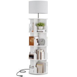 iabifo 4 Tier Rotating Bookshelf with Lamp, 3 Color Temperatures, Vertical Bookcase Tower, Space-Saving Floor Standing Organizer for Living Room, Bedroom, White