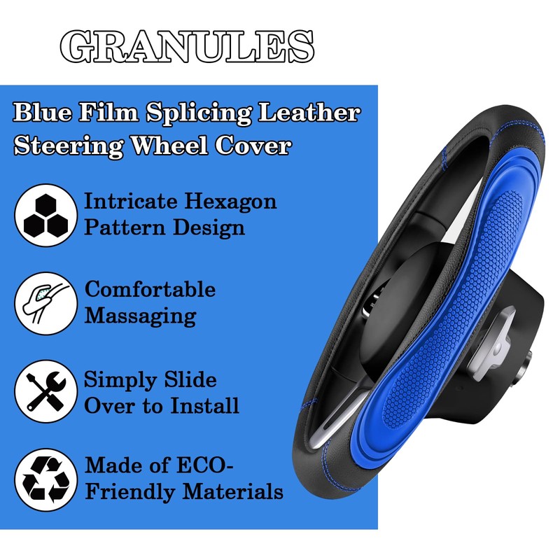 Blue Film Splicing Leather Steering Wheel Cover, Microfiber Leather, Anti-Slip,