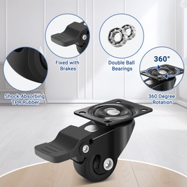 Humagineer 25 mm Furniture Castors Small Black with Brake, Quiet Running Castors for Furniture, Load Capacity 11.25 kg per Roll, Heavy Duty Rubber Transport Wheels for Table, Cabinet, Baby Bed, Set of