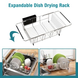JASIWAY Dish Drying Rack in Sink, Expandable Stainless Steel Dish Drainers for Kitchen Counter, Dish Dryer Rack for Inside Sink, Over The Sink Dish Racks with Utensil Holder, Silver
