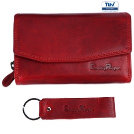 Chunkyrayan Genuine Leather Women's Purse, High-Quality, Vintage, RFID Protection, Includes Leather Keyring, red