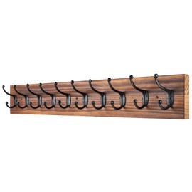 PHINGEER Coat Rack Wall Mounted,Vintage Wooden Coat Hooks for Wall,Heavy Duty 10 Dual Coat Hangers for Hanging Coats, Jacket,Hat,Clothes,Brown