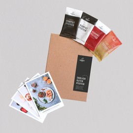 Hennes Finest Kampot Tasting Set with 4 Types of Pepper (Black Pepper, White Pepper, Red Pepper, Dark Red Pepper), Coarse Pepper, Peppercorns