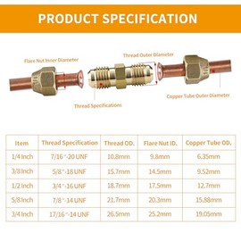 Timsec - Conector de extensión de tubo de cobre CA de 1/4 pulgadas para reparación de línea | 1 union connectors and 2 flare nuts join 1/...