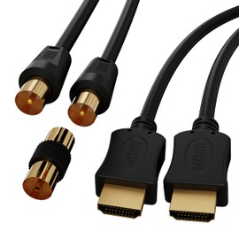 ConnectingU Black 2 Cable Kit (THIS IS NOT an HDMI to Coax convertor). 1x 0.5m HDMI Cable Male to Male with Ethernet bundled with a 1x 0.5m TV Aerial Cable Male to Male with Female to Female Coupler.