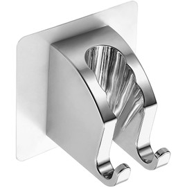 JONKEAN Chrome Handheld Shower Head Holder with 2 Hanger Hooks, Strong Adhesive Shower Head Holder, Adjustable Shower Wand Holder Wall Mount, Bathroom Waterproof Shower Handle Holder No Drill Need