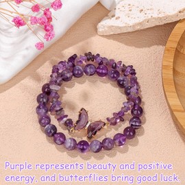 GIEEU Healing Crystal Stone Bracelets 2 PCS, Butterfly Amethyst Crystal Chip Bracelet Pattern, Energy Healing Beads for Women