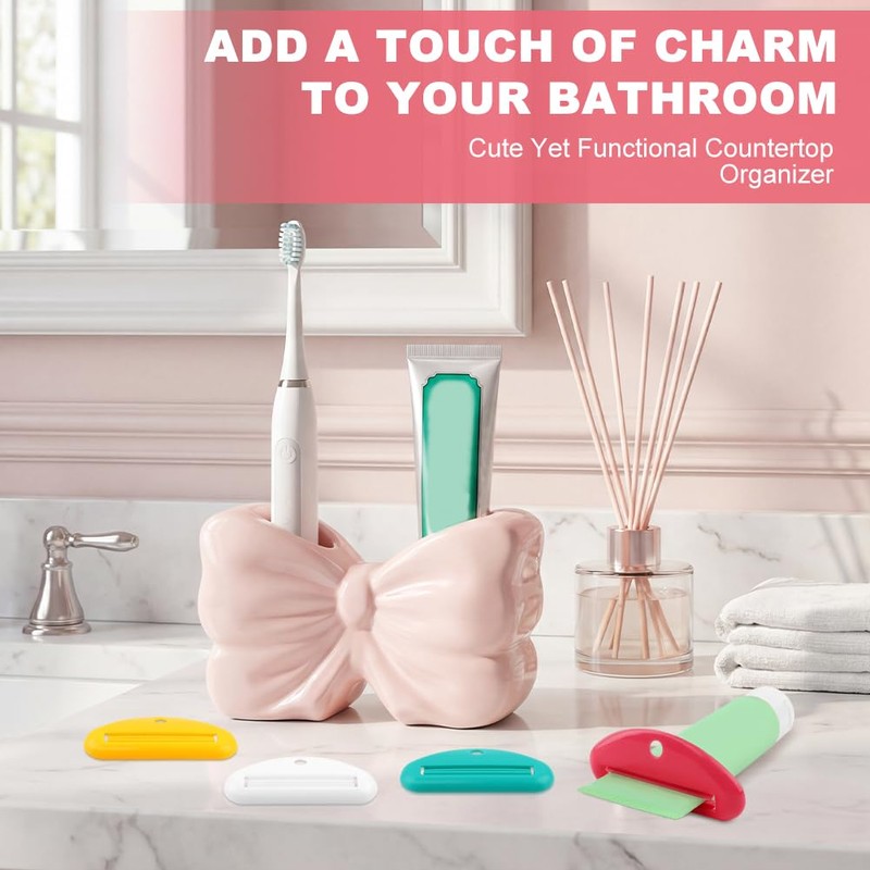 Pink Bow Toothbrush Holder,2‑Slot Ceramic Cute Girly Bathroom Decor