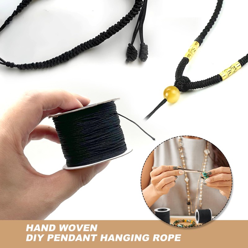 Black Nylon Cord for Bracelet Making, 0.8mm x 200m No-Elastic