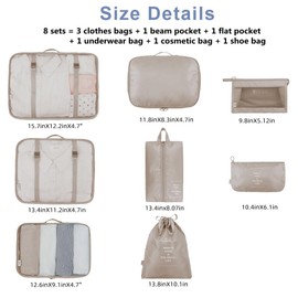 Bansga Packing Cubes for Suitcase 8 Sizes Suitcase Organizer Bags 8 pcs（Beige）