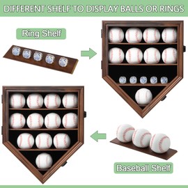 Grintus Baseball Display Case Real Glass-Solid Wood Baseball Holders for Balls and Championship Ring Display Wall Mount with Lockable Door for Autograph Balls Collection (Walnut)