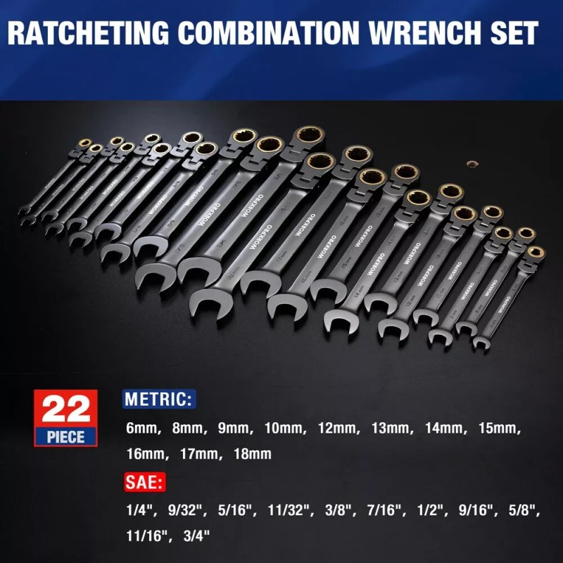 WORKPRO 22PC Flex-Head Ratcheting Wrench Set Metric 6-18mm SAE 1/4-3/4"