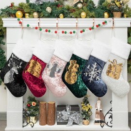 GEX Christmas Stockings 6 Pack for Family 20" Large Quilted Lining Embroidery Classic Luxury Velvet with Sequins Hanging Ornament Decorations for Fireplace Xmas Season (Set of 6)