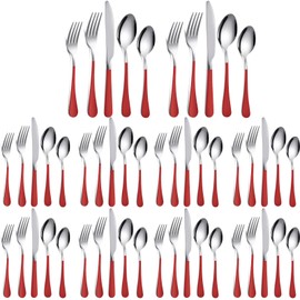 Nuenen 50 Pcs Red Silverware Set Stainless Steel Flatware Red Handle Cutlery Set Service for 10 Tableware Cutlery for Home and Restaurant Include Dinner Knives, Fork, Spoon, Salad Fork, Teaspoon