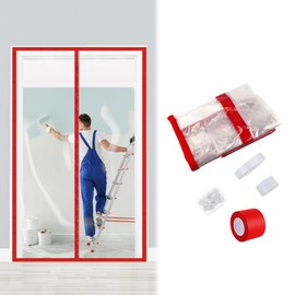 Preboun 1 Set Magnetic Dust Barrier Zipper Door Kit 4' x 7.5' Construction Barriers Dust Door Plastic Doorway for Construction Self Closing Curtain for Doorways Room (Red)
