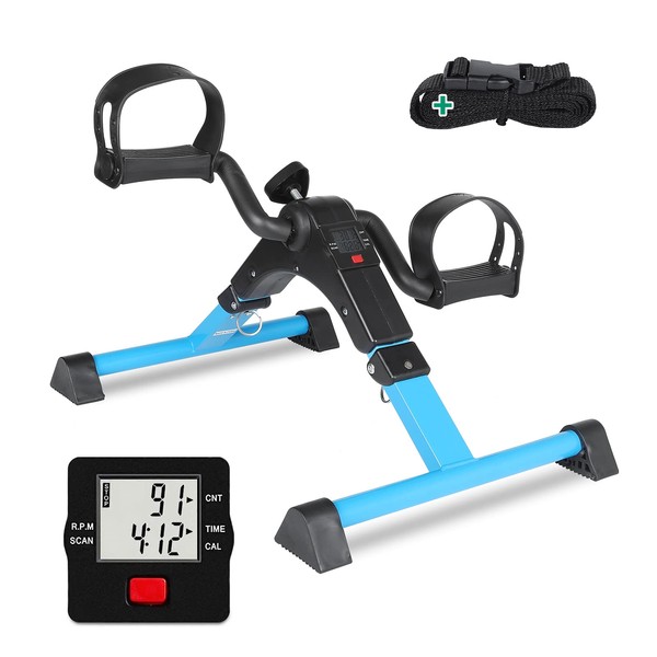 VIVIJASON Pedal Exerciser - Folding Portable Exercise Peddler - Under Desk Mini Exercise Bike for Arm/Leg Workout - Adjustable Fitness Rehab Equipment for Elderly Seniors with LCD Display (Blue)