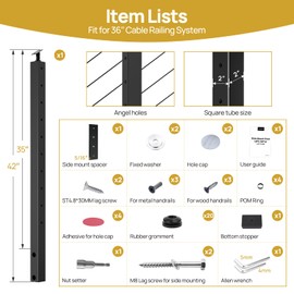 HOPUMTAN 36" Side Mount Stair Post Black Stainless Steel Cable Railing Post with Adjustable Top for 25-35 Degrees 36"x2"x2" Square Stair Cable Railing System Indoor Outdoor HP12