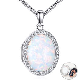 HKPATOP Locket Necklace 925 Sterling Silver Opal Locket Photo Necklace Opal Jewelry Memorial Gifts For Women Mom Wife