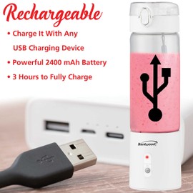 Brentwood 50-Watt 17-Oz. Portable Battery-Operated USB-Chargeable Glass Blender (White)