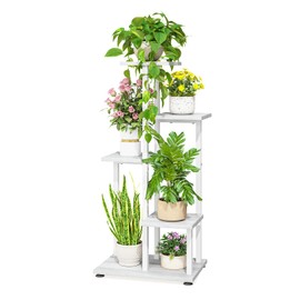 LASZOLA White 5 Tiered Wood Plant Stand Indoor for Large Heavy Duty Planter, Sturdy Multi Level Corner Vertical Flower Rack for Narrow House, Rustic Tall Orchid Shelving Holder for Decor, Space Saving