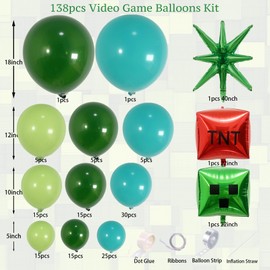 Video Game Balloon Arch Kit 138PCS Green Blue Balloon Arch Kit Pixel Theme Foil Block TNT Cube Balloons –Camo Gaming Party Decoration for Boy, Blue Green Black Garland for Gamer Birthday Game on Night