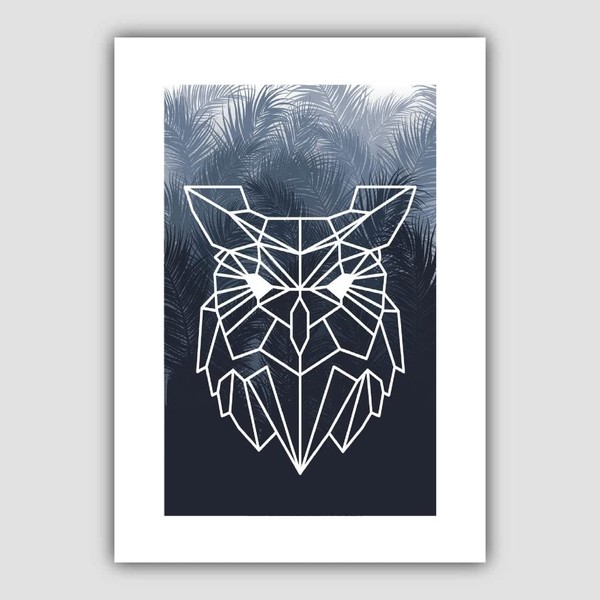 Artze Wall Art Geometric Owl Face with Navy Palms Art Print, A1 Size