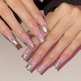 Y2K Press on Nails Long Square MABKJLF Sliver French Tip Fake Nails Pink Full Cover Star False Nails with Designs Pearl Glitter Glossy Glue on Nails Acrylic Manicure Artificial Nails for Women Girls
