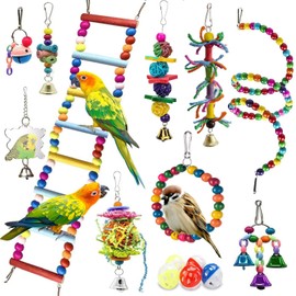 42AROZINA 15 Piezas Juguetes para Aves, Juguetes Columpio para Pájaros, Escalera para Trepar, Hamaca de Pie con Campana para Loros, Agapornis, Periquitos, Cacatúas, Conure Pinzones