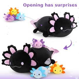 MaoGoLan 4Pcs Giant Axolotl Plush with 3 Babies Inside-23.5" Large Ultra Soft Axolotl Stuffed Animals Throw Pillow-Squishy Stuffed Axolotl Plush Collection Gift for Axolotl Lover,Kids,Teens,Black